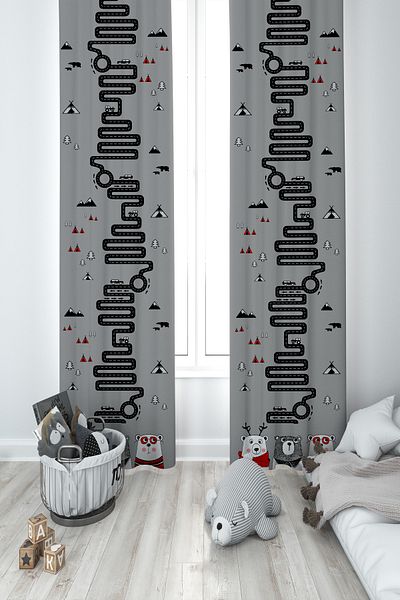 MASAL ODAM BABY AND KIDS ROOM Three Cute Bears and Road Patterned 2 Wings Background Curtain