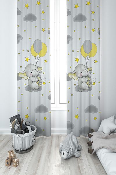 MASAL ODAM BABY AND KIDS ROOM Gray Cloudy Cute Elephant Patterned 2 Wings Background Curtain