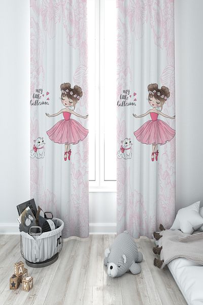 MASAL ODAM BABY AND KIDS ROOM Ballerina Girl and Cat Patterned Motif 2 Wings Background Curtain