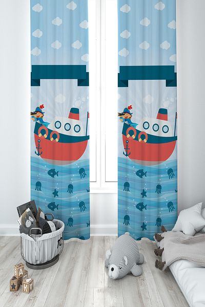 MASAL ODAM BABY AND KIDS ROOM Pirate Patterned 2 Wing Background Curtain with Binoculars