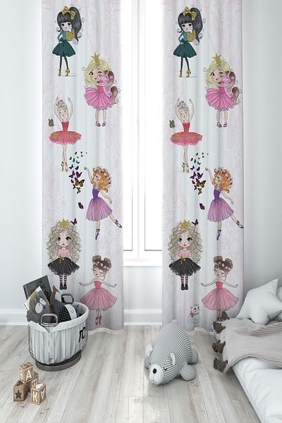 MASAL ODAM BABY AND KIDS ROOM Princess Girls and Hopscotch Patterned Motif 2 Wings Background Curtain