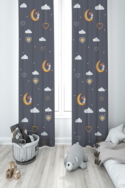 MASAL ODAM BABY AND KIDS ROOM Rabbit Sitting on the Moon Patterned 2 Wing Background Curtain