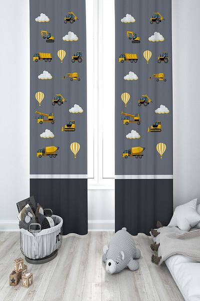 MASAL ODAM BABY AND KIDS ROOM Business Machine and Hopscotch Patterned Gray 2 Wing Background Curtain