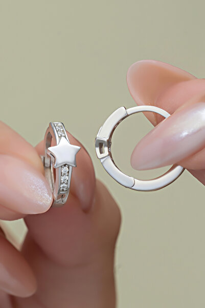 Nereze 925 Ayar Gümüş Rodyum Kaplama Yıldız Detay 15 mm Halka Küpe