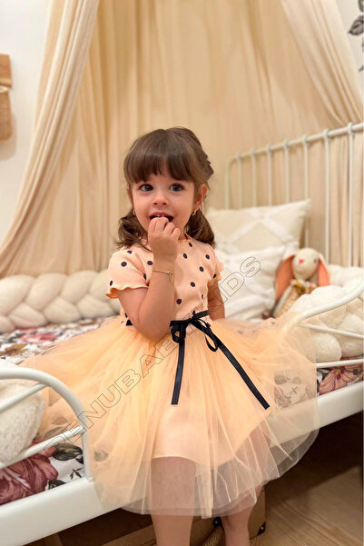 penu baby kids Somon Puantiyeli Tütülü Kısa Kol Kız Bebek Elbise - Emily
