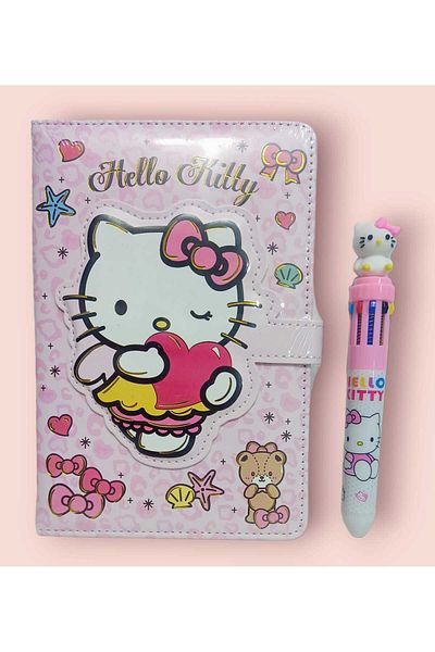 sevgi kırtasiye Hello Kitty Magnetic Cover Diary Notebook, 10 Colors Writing Head, Ballpoint Pen and Gift
