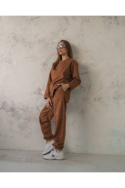 S&A Collectionn Unisex Very Loose Oversize Loose Cut Suede Sweat Pants Double Set Brown