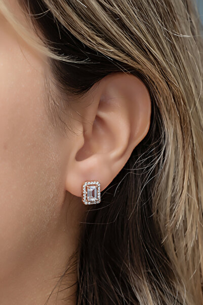 Nereze 925 Ayar Gümüş Rose Kaplama Baget Taşlı Tektaş Küpe