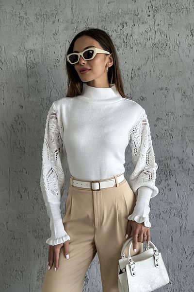 Nosia Pulover alb din tricot cu mâneci din dantelă și jumătate de gât țesut