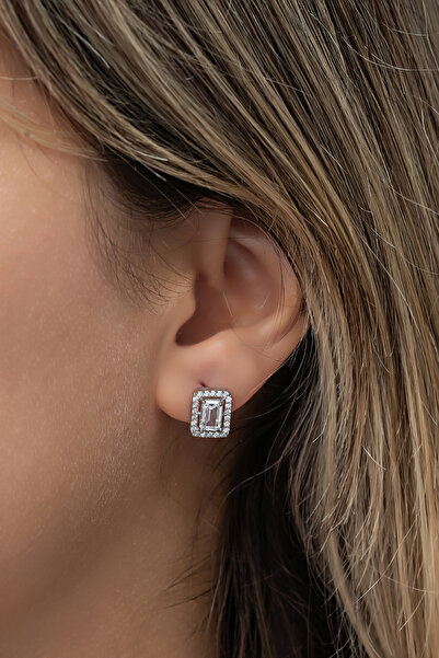 Nereze 925 Ayar Gümüş Rodyum Kaplama Baget Taşlı Tektaş Küpe