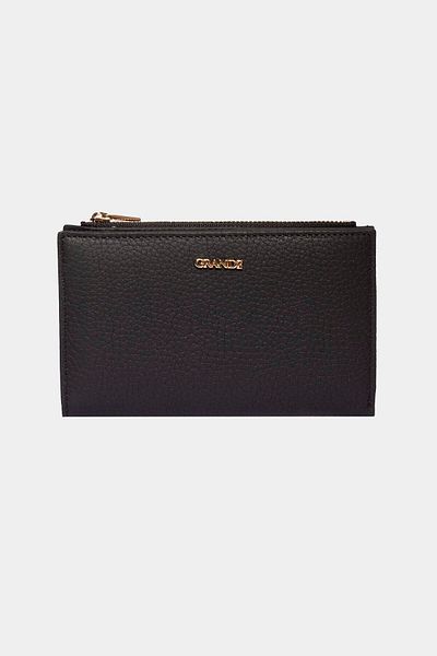 Grande 2804 Genuine Real Leather Snap Fastener Zippered Women's Wallet Flother Black