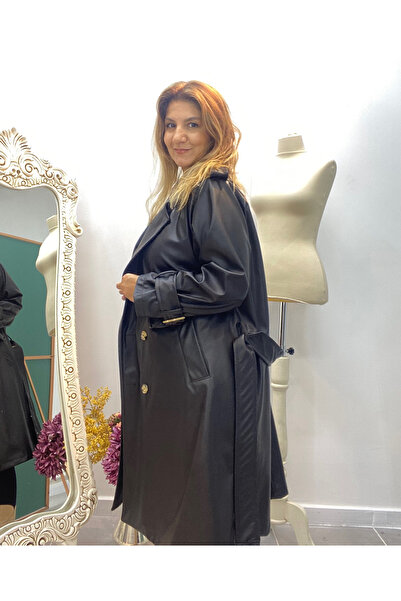 Butikniki Siyah Deri Trençkot