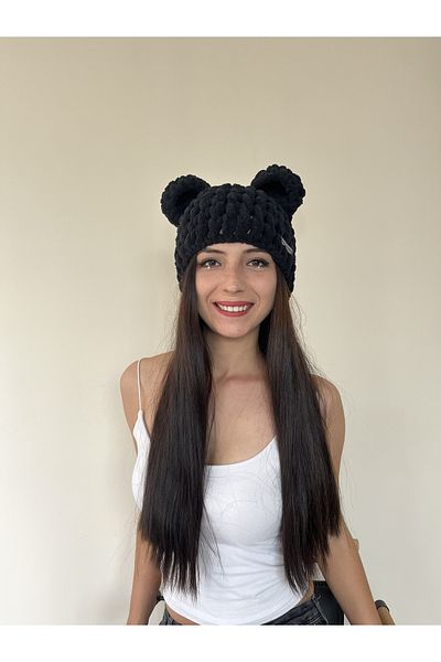 AidaAstrid Bear Ear Puffy Beanie Hat Teddy Bear Twist Model Animal Figured Black Beanie Winter Hand Knitted