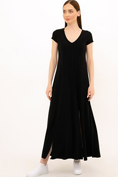 CoolLook Bacak Dekolteli Önden Çift Yırtmaçlı V Yakalı Kısa Kol Likralı Enek ...