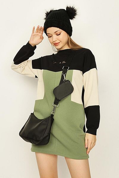 Select Moda Women's Black Color Blocked Raised Sweat Dress
