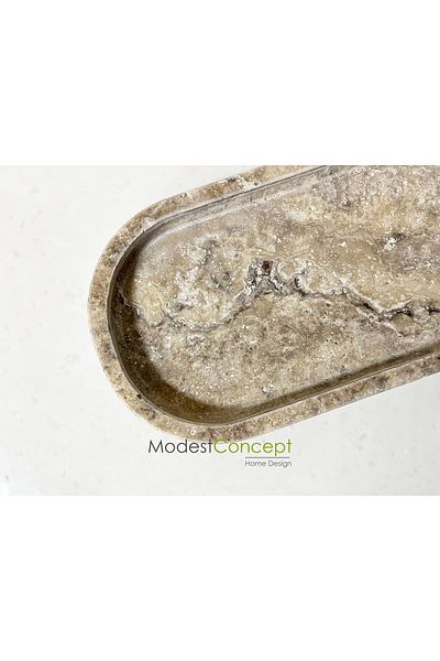 Modestmar Natural Rustic Travertine Marble Tray, Bathroom Organizer, Presentation Plate, Gray Travertine, Oval Travertine