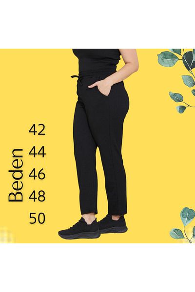 Gülfirik Tasarım Black Color Self-Textured Lycra Cotton Fabric Sports Large Size Women's Trousers