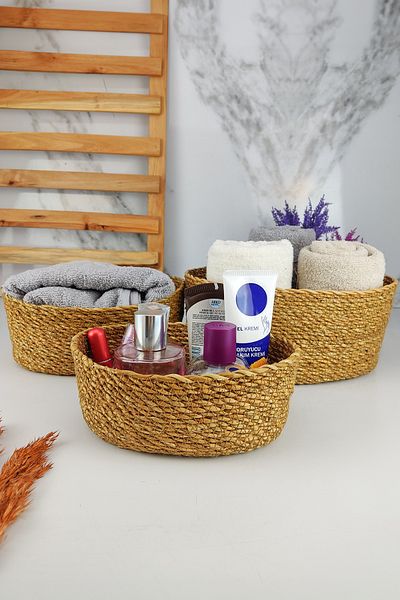 Digithome 3 τεμάχια Wicker Bathroom and Makeup Organizer Basket Oval Organizer Καφέ - Pnl-ph22 S/3 C1-1-100