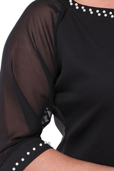 Curvy Trend Plus Size Pearl Detailed Round Neck Chiffon Sleeve Dress