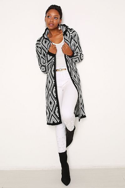 AVORWE Geometric Patterned Hooded Sweater Cardigan