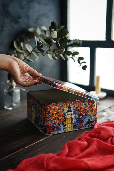 EVLE Ef028-01 Afremov Big Ban Patterned Square Metal Storage Container 20x20 Cm