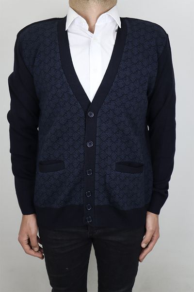 Özhürmet Triko Fistan Store Men's Navy Blue Patterned V-Neck Classic Cut Comfortable Fit Winter Woolen Steel Knit Cardigan