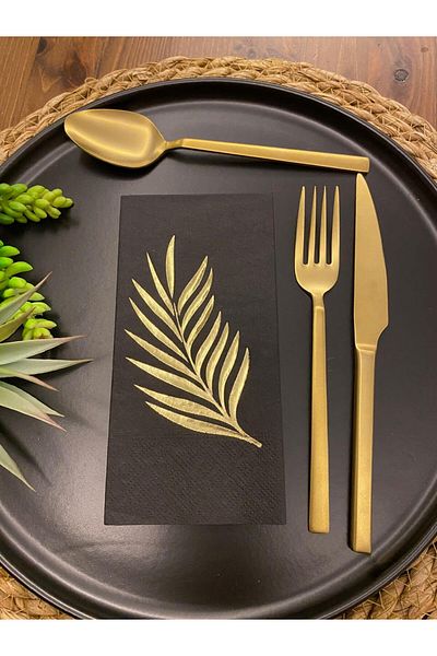 kidspartim Gold Gilded Black Leaf Patterned Napkin 16 Pieces