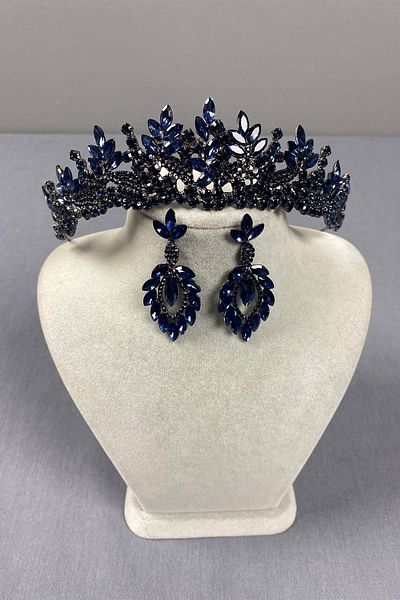Hobigram Navy Blue Whole Leaf Model Bridal Crown and Three Drop Earrings Set – Crown, Crystal Stone, Stylish Model – Ta