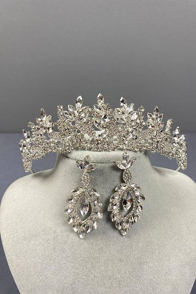 Hobigram Set de coroană de mireasă și cercei cu trei picături de culoare argintie Selur Leaf Model – Coroană, Crystal Stone, Model elegant –