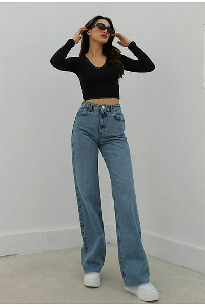Trn JNS Pantaloni de blugi din denim cu talie înaltă, cu picioare largi, pentru femei Paris