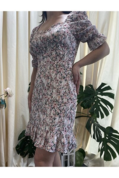 Patiska Kadın pembe çiçekli karpuz kol astarlı elbise