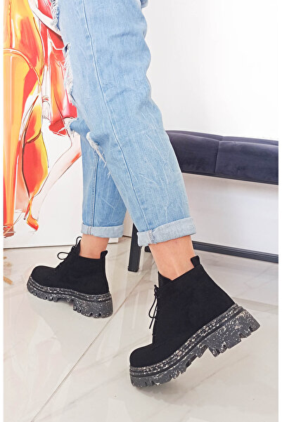 GDT Ayakkabı Siyah Süet Bağcıklı Kalın Taban Kadın Bot