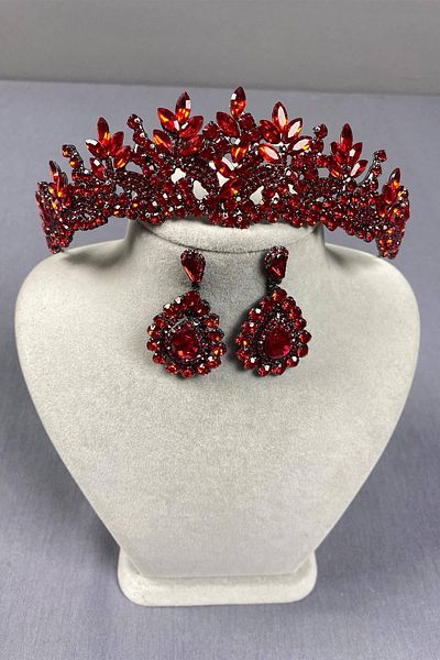 Hobigram Red Selur Leaf Model Bridal Crown and Drop Stone Earring Set – Crown, Crystal Stone, Stylish Model –