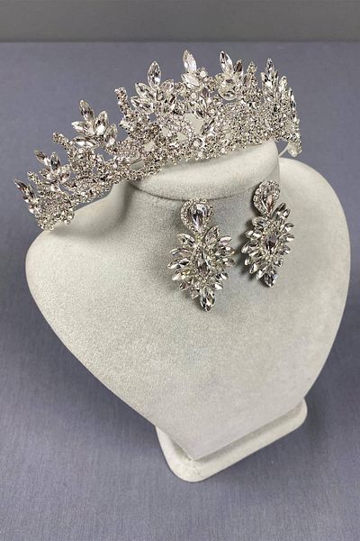 Hobigram Set de coroană de mireasă și cercei subțiri de culoare argintie Selur Leaf Model – Coroană, piatră de cristal – Coroană –