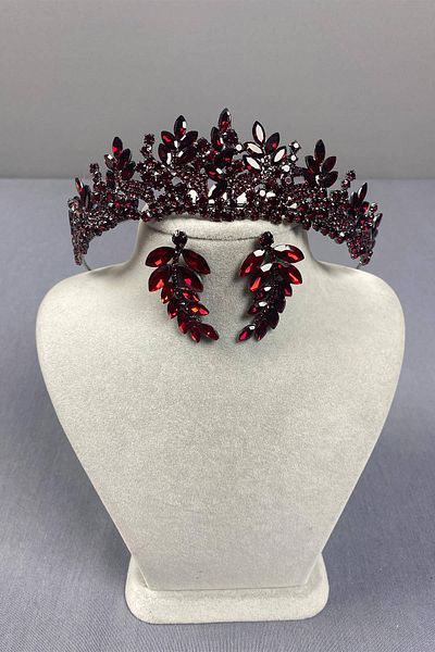 Hobigram Set de coroană de mireasă și cercei cu frunze Selur Burgundy – Coroană, piatră de cristal, model elegant – Coroană – T
