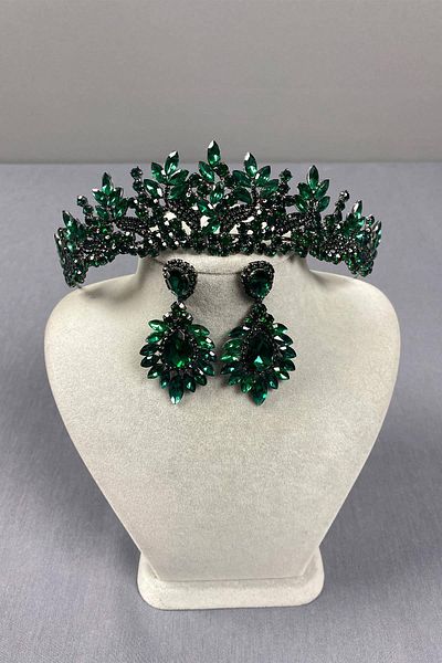 Hobigram Green Selur Leaf Model Bridal Crown and Shuttle Earring Set – Crown, Crystal Stone, Stylish Model – Crown –