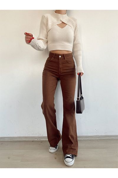 Trn JNS Paris Pantaloni de blugi din denim maro cu talie foarte înaltă pentru femei