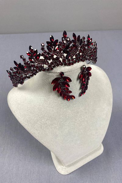 Hobigram Set de coroană de mireasă și cercei cu frunze Selur Burgundy – Coroană, piatră de cristal, model elegant – Coroană – T