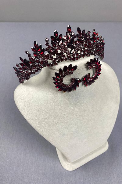 Hobigram Burgundy Whole Leaf Model Bridal Crown and Round Earring Set – Crown, Crystal Stone, Stylish Model – Crown –
