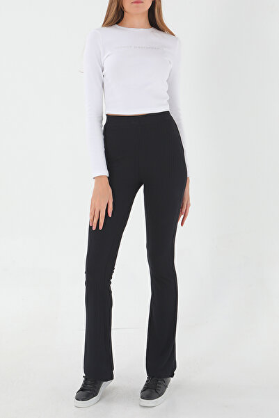 ESPİNA Ribbed Flare / Flare Leg High Waist Stretchy Knitted Leggings Trousers Black