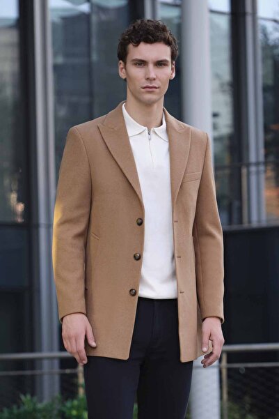 Morven Palton pentru bărbați, bej, cu model simplu, cu nasturi, cu rever cu v...