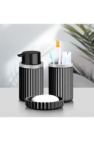 Kavi Entegre Plastik Round Acrylic Bathroom Set - 3 Pieces, Black