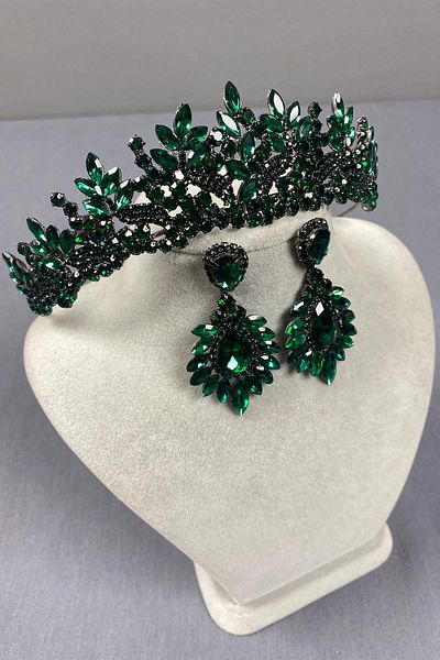 Hobigram Green Selur Leaf Model Bridal Crown and Shuttle Earring Set – Crown, Crystal Stone, Stylish Model – Crown –