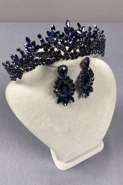 Hobigram Navy Blue Whole Leaf Model Bridal Crown and Three Shuttle Earring Set – Crown, Crystal Stone, Stylish Model –