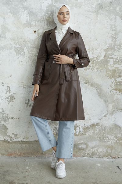 InStyle Δερμάτινη καμπαρντίνα με διπλό γιακά Anyora - Bitter Brown