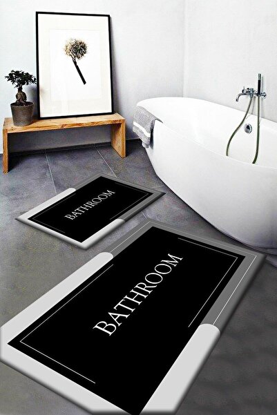 Qatalina Siyah Gri Bath Yazılı Yıkanabilir Kaymaz Taban 2 Li Banyo Paspası Kl...