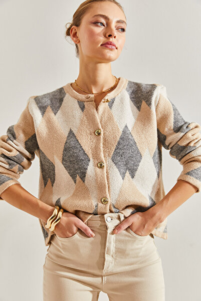 Bianco Lucci Women's Diamond Patterned Knitwear Cardigan