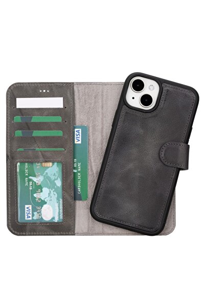 PLM Iphone 15 Plus Uyumlu Deri Cüzdanlı Kılıf Mwwn Vs4ef Gri