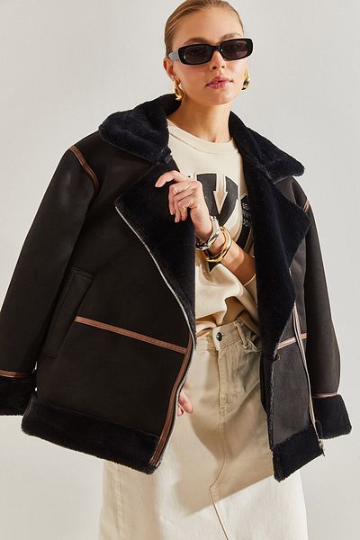 Bianco Lucci Women's Laminated Long Coat with Piping