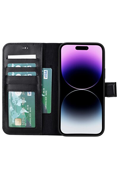 PLM Iphone 15 Plus Uyumlu Deri Cüzdanlı Kılıf Mwwn Rst1 Siyah